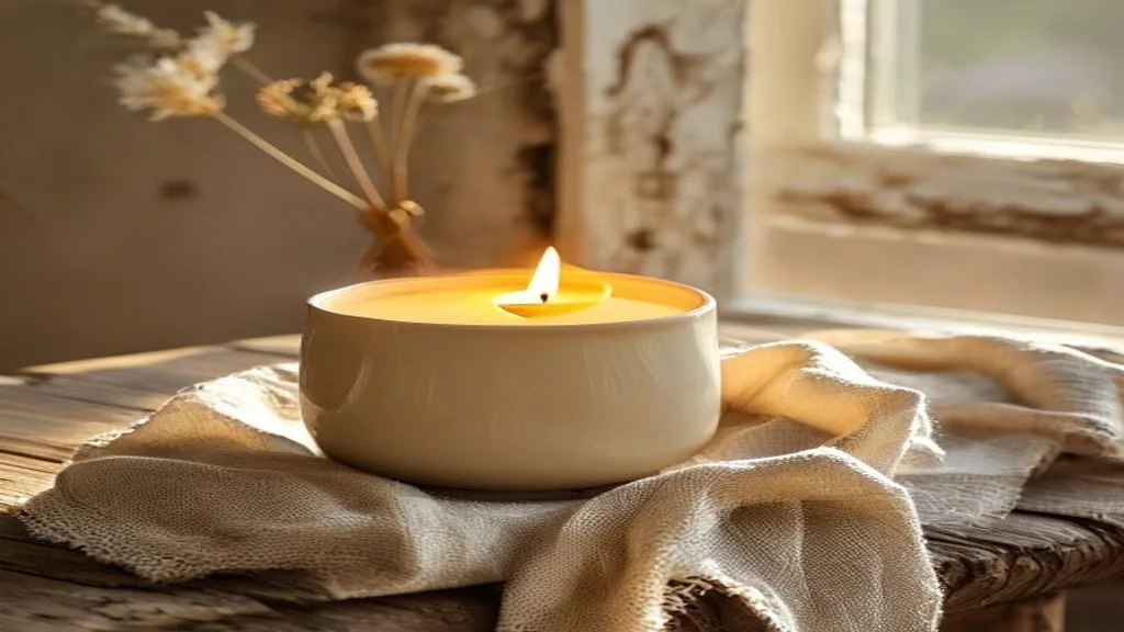 Bougie artisanale Maison Lumen allumée sur une table en chêne